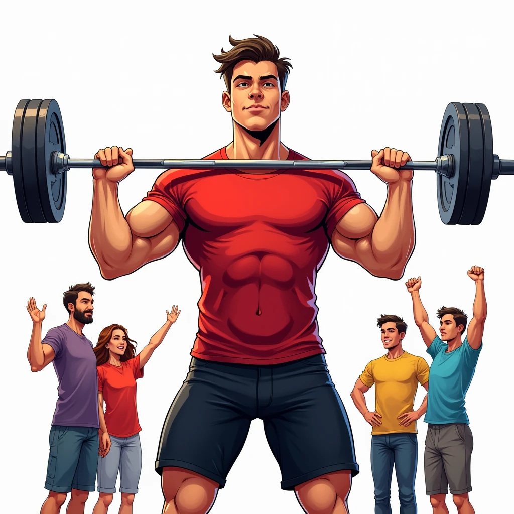 comic art style, best quality, masterpiece, full body image of handsome young man wearing red tshirt and black shorts, (lifts barbell), four friends behind him cheering, perfect fingers, perfect hands, perfect face, perfection, white background
