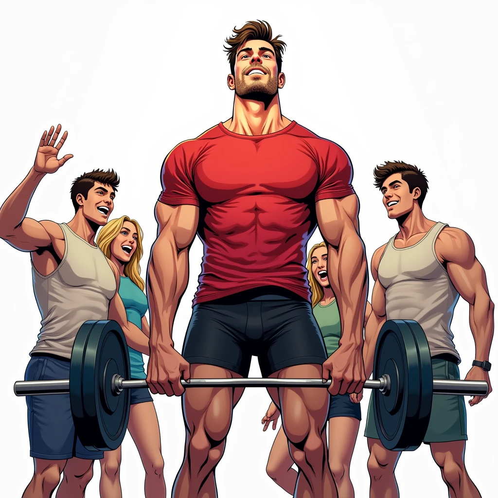 comic art style, best quality, masterpiece, full body image of handsome young man wearing red tshirt and black shorts, (lifts barbell), four friends behind him cheering, perfect fingers, perfect hands, perfect face, perfection, white background