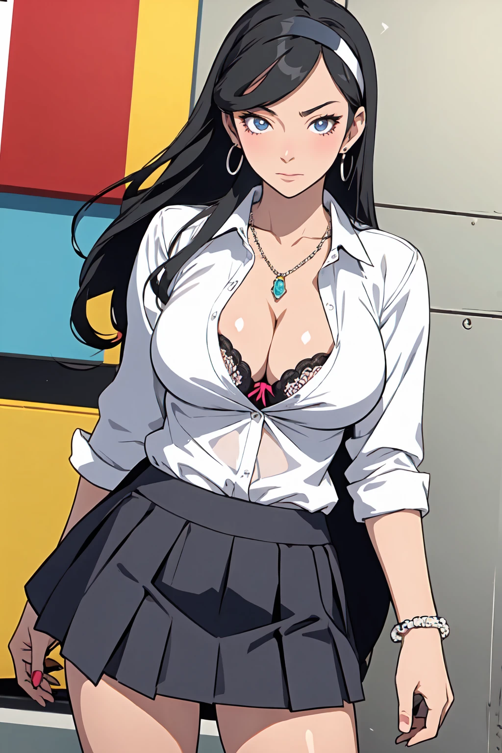 masterpiece, best quality, kumashiro maya, 1girl, solo, breasts, cleavage, long hair, white headband, parted bangs, blue eyes, looking at viewer, sweat, large breasts, business suit, collared shirt, pleated skirt, flashy gyaru, happy, showy,too many accessories, colorful , kogal, kogal gyaru, necklace, earrings, bracelet, bra peak, (makeup)