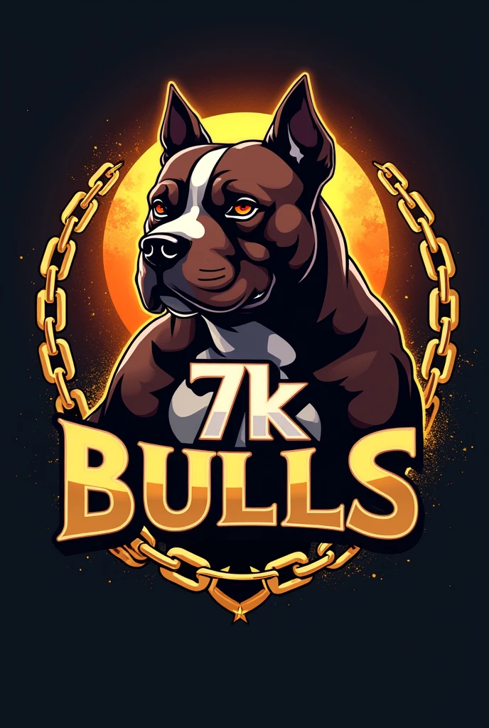 Generate a logo for a dog kennel, Eye-catching logo and gold chains, chocolate colored dogs, Exotic American Bully Breed, short snout, marked forehead, muscular, extra muscular, cropped ears like a pitbull, , The name that will be on the logo is 7K Bulls,  