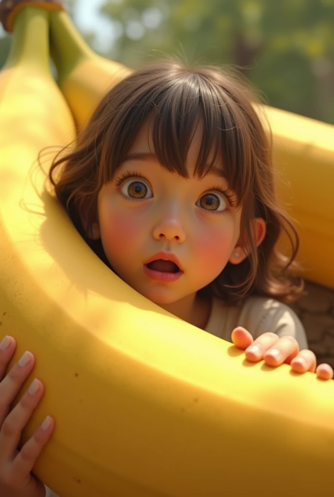 a visibly surprised and delighted teenage girl, holding a giant banana with one hand. Your eyes are wide open, expressing a mixture of shock and admiration, when he brings a banana close to his face. His hands rest gently on the banana.., and his mouth is half open, adding to his expression of surprise. The scene captured the moment, when she detects the presence of a giant banana and reacts to it., radiating charm and admiration