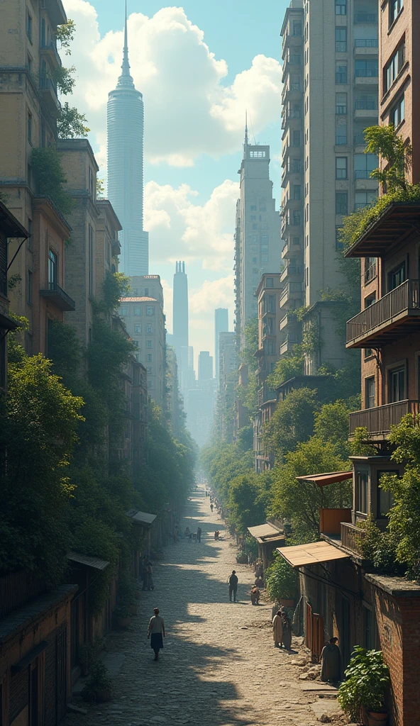 A city, On the right, a sector of tall and opulent buildings and on the left, a sector of poor and small houses without green areas without green areas. They are two sectors of a city that represent social inequality. The two sectors are seen on the same plane side by side..