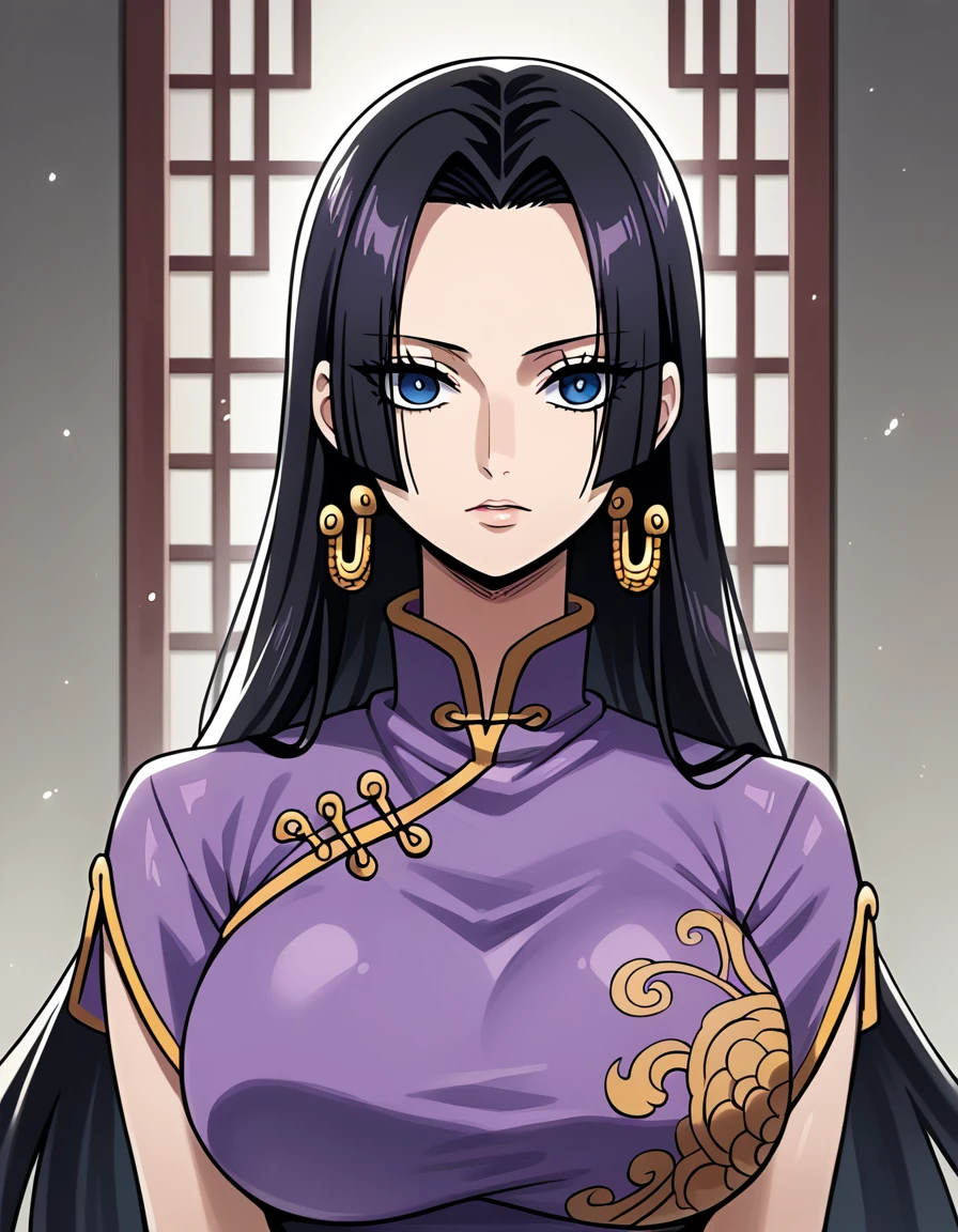 score_9, score_8_up, score_7_up, source_anime, best quality, clear face, 1girl, Boa Hancock, black hair, long hair, blue eyes, large breasts, china dress, purple clothes, upper body, looking at viewer, bedroom