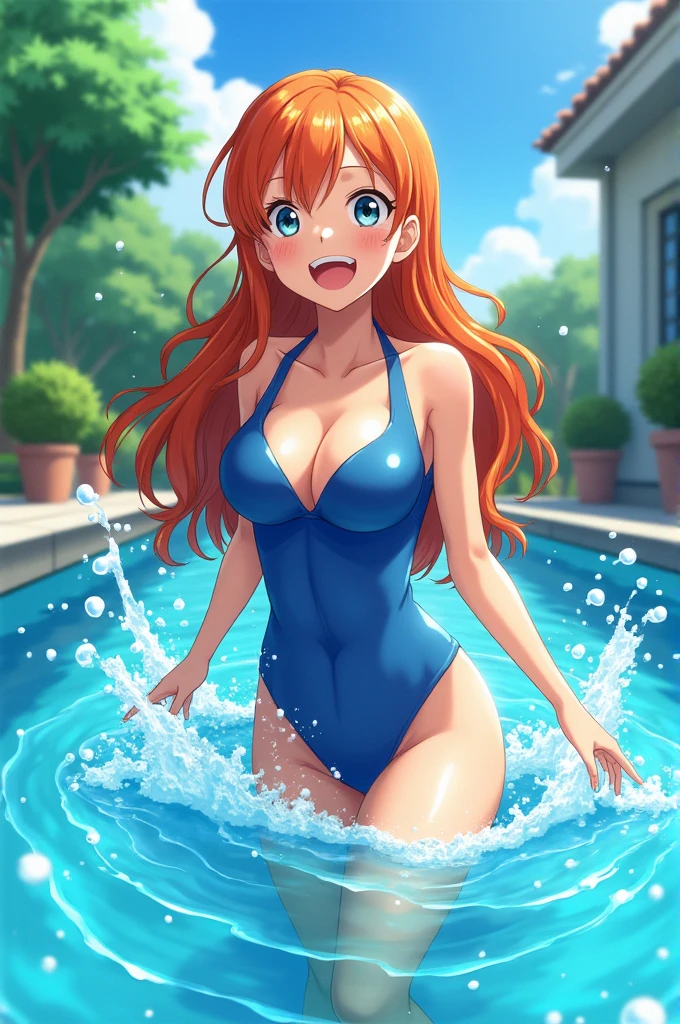 Nami from One Piece in the pool all excited