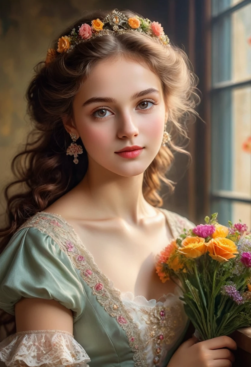 Portrait of a beautiful German girl in Munich, 19th century: Oil painting of beautiful and delicate eyes, Beautiful and delicate lips, Extremely detailed eyes and face, Long eyelashes,maroon curly hair, With delicate flower hair accessories,Wearing an elegant and luxurious dress in bright colors, Decorated with delicate lace and embroidery,Slender fingers holding a bouquet of flowers,Skin is soft and radiant, Healthy complexion,Eyes reveal the innocence and curiosity of youth,Beautiful figure,Gentle smile, Bright sunlight shines through the window, Exudes timeless charm, A warm glow shone on her face,Perfect attention to light and shadow, Emphasize a girl'Show the natural beauty of girls to the fullest,The colors are rich and vivid, Capturing the elegance and grandeur of 19th century Munich,Delicate brushwork and exquisite details, Showing Artists'Craftsmanship and mastery of the medium
(masterpiece:1.2), Extremely detailed, (Reality:1.37), HDR, Ultra HD, Professional portrait style, Reminiscent of the masters of that era,The overall atmosphere is warm and pleasant, Takes audiences back to a bygone era