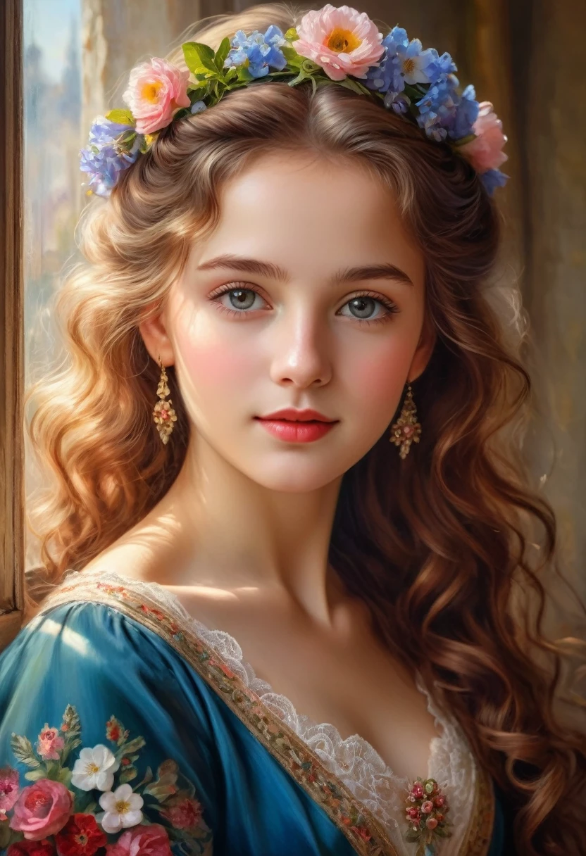 Portrait of a beautiful German girl in Munich, 19th century: Oil painting of beautiful and delicate eyes, Beautiful and delicate lips, Extremely detailed eyes and face, Long eyelashes，maroon curly hair, With delicate flower hair accessories，Wearing an elegant and luxurious dress in bright colors, Decorated with delicate lace and embroidery，Slender fingers holding a bouquet of flowers，Skin is soft and radiant, Healthy complexion，Eyes reveal the innocence and curiosity of youth，Beautiful figure，Gentle smile, Bright sunlight shines through the window, Exudes timeless charm, A warm glow shone on her face，Perfect attention to light and shadow, Emphasize a girl&#39;Show the natural beauty of girls to the fullest，The colors are rich and vivid, Capturing the elegance and grandeur of 19th century Munich，Delicate brushwork and exquisite details, Showing Artists&#39;Craftsmanship and mastery of the medium
(masterpiece:1.2), Extremely detailed, (Reality:1.37), HDR, Ultra HD, Professional portrait style, Reminiscent of the masters of that era，The overall atmosphere is warm and pleasant, Takes audiences back to a bygone era