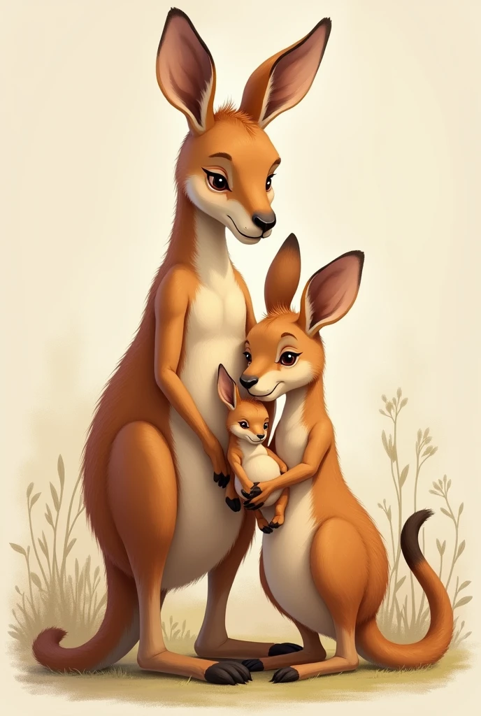 Kangaroo family, dad, mom and baby in bag. Tender and quartered style