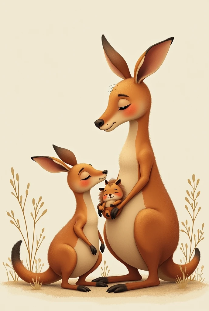 Kangaroo family, dad, mom and baby in bag. Tender and quartered style