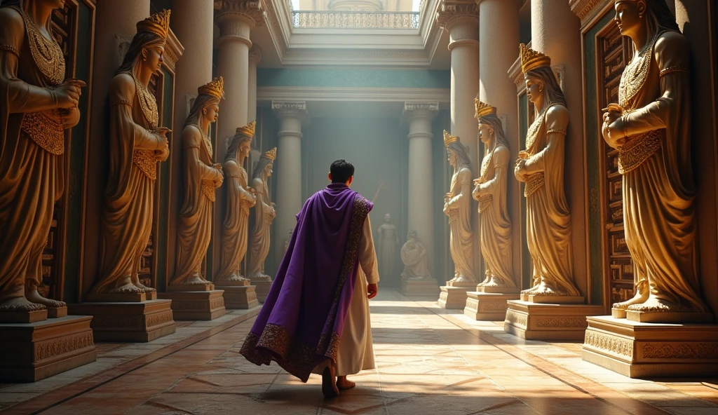 Crie uma imagem hiper-realista e misteriosa de Solomon em um salão de tesouros dentro do palácio, where different statues of ancient gods guard vaults of diverse wealth – gold, gem stones, silk rolls and scrolls of knowledge. Solomon, dressed in a white linen tunic and a purple cloak decorated, walks through the hall, inspecting each safe with an evaluation expression. The soft light from the torches should create dramatic shadows on the statues and vaults., symbolizing that diversification is not just a hedging strategy, but also of veneration for ancient wisdom in wealth management.
