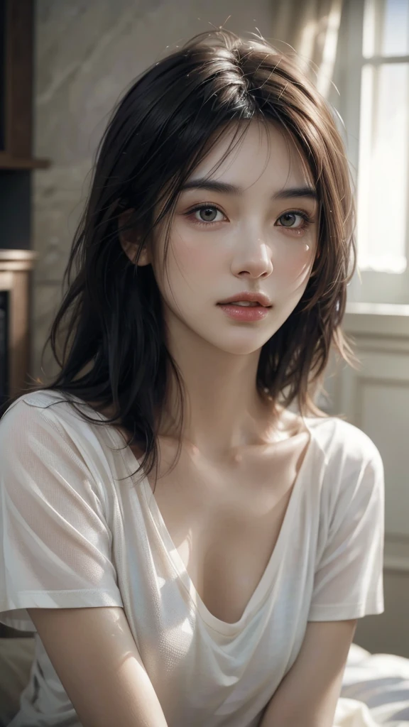 dressed, (photo realistic:1.4), (hyper realistic:1.4), (realistic:1.3),
(smoother lighting:1.05), (increase cinematic lighting quality:0.9), 32K,
1girl,20yo girl, realistic lighting, backlighting, light on face, ray trace, (brightening light:1.2), (Increase quality:1.4),
(best quality real texture skin:1.4), finely detailed eyes, finely detailed face, finely quality eyes,
(tired and sleepy and satisfied:0.0), face closeup, t-shirts,
(Increase body line mood:1.1), (Increase skin texture beauty:1.1)
