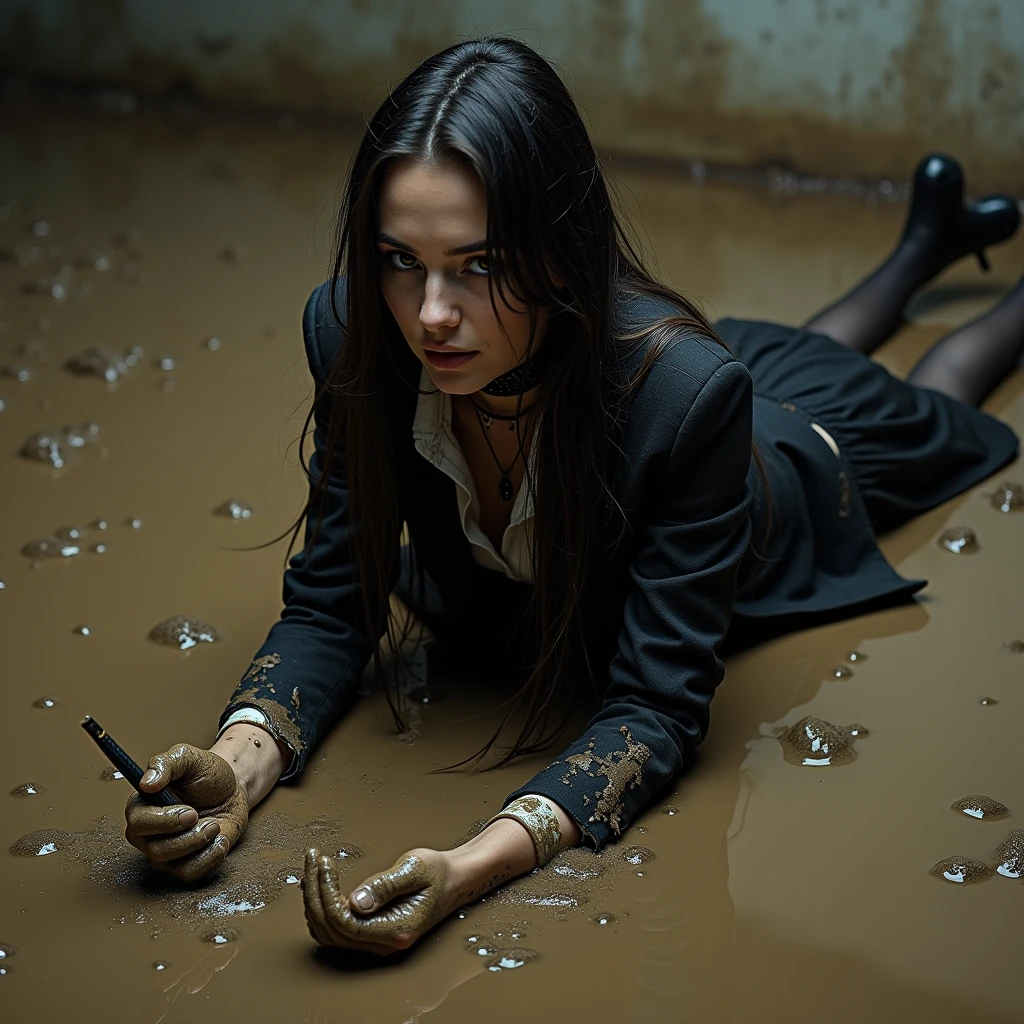 A realistic photo of one slender business goth lady, model-like appearance with long hair. She is dressed in long black business pencil skirt(muddy, dirty,, very torn and very ripped) made from cotton fabric, black business jacket(muddy, dirty) made from cotton and wool fabric. black business vest, white muddy shirt, stockings, black choker on the neck. She located in very muddy and very flooded office. She lie on stomach on the muddy floor leaning on her elbows deep in dirty water and liquid mud, she smears a lot of liquid mud on her black business pencil skirt, jacket, vest, shirt, stockings, face, hair from head to toe. Her skirt and jacket extremely stained and covered with liquid mud, dirt and streaks from it, which has flows down from her jacket, shirt to her skirt, creating a messy and sloppy appearance. The light brilliantly illuminates all her clothes in details, casting small shadows and emphasizing the texture of the liquid mud on her clothes. View angle of the camera from top and rotated in different angle from the business lady.
