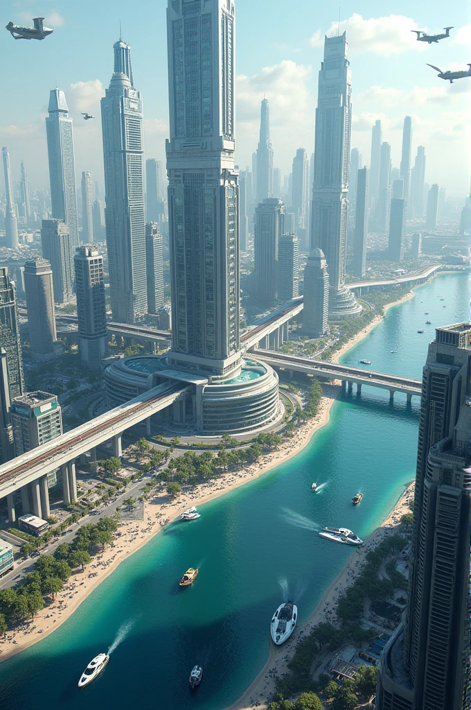 Create a futuristic city with 3 transports , water, sea and land