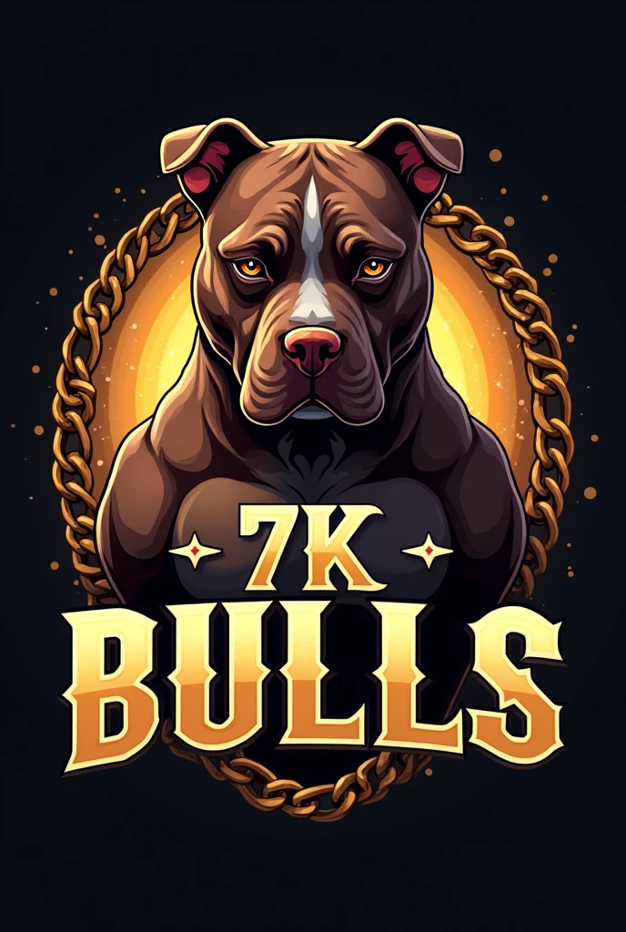Generate a logo for a dog kennel, Eye-catching logo and gold chains, chocolate colored dogs, Exotic American Bully Breed, short snout, marked forehead, muscular, extra muscular, cropped ears like a pitbull, , The name that will be on the logo is 7K Bulls,  