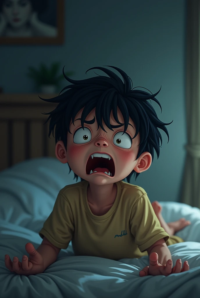 Black haired boy waking up looking scared around