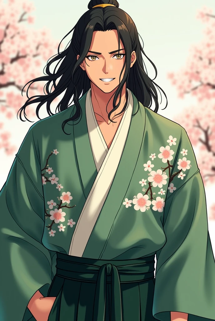 A man with high cheekbones, a broad smile, and long, straight hair flowing freely.  
   **Hakama Design**: A deep green *hakama* with a light green *haori* jacket decorated with cherry blossom motifs.