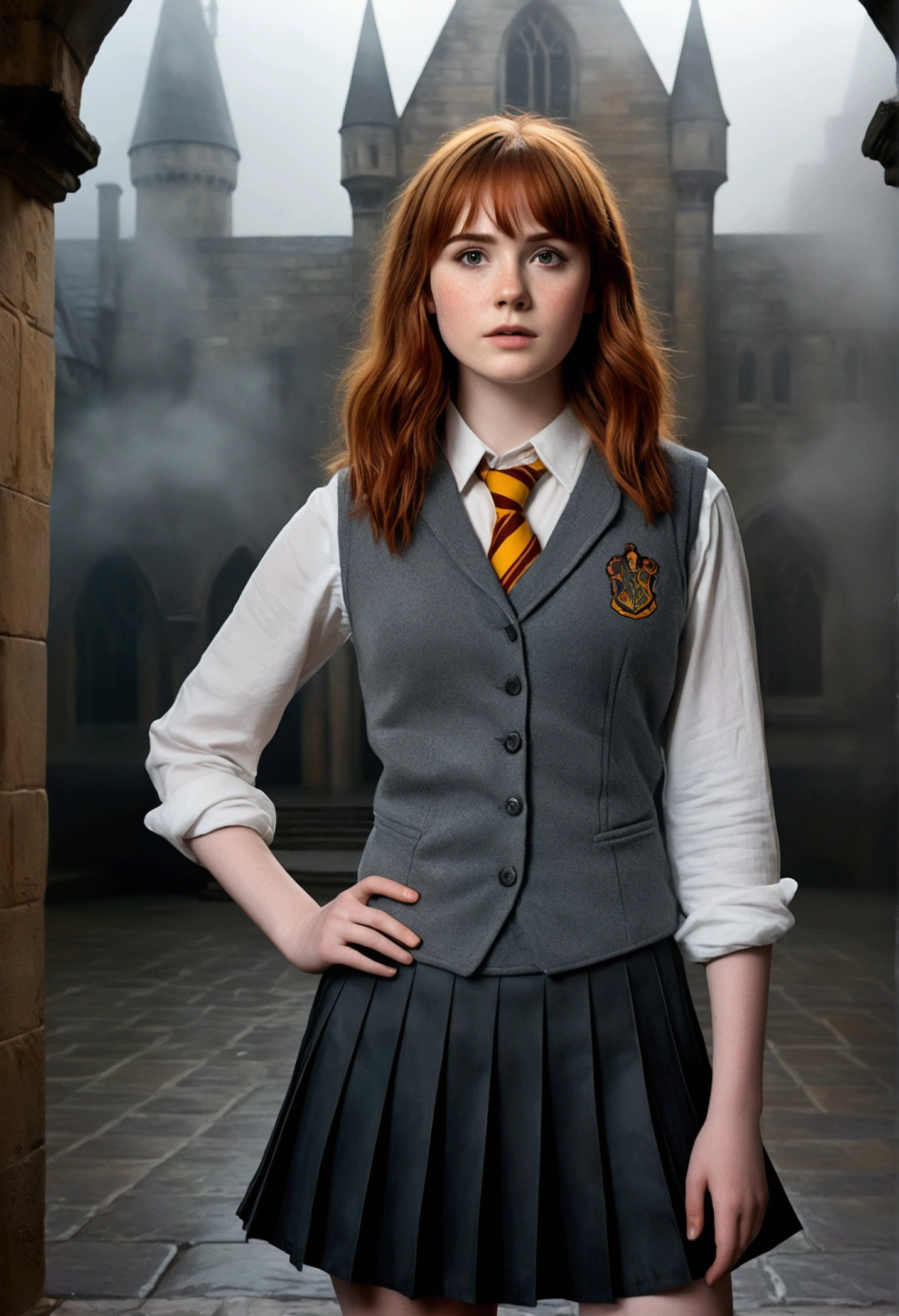 An illustrated movie poster, hand-drawn, full color, a teenage Hogwarts student, 18-years-old, female, wearing a charcoal vest and a pleated skirt, athletic hourglass figure, full wide hips, massive round butt, long shapely legs, ridiculously thick powerful thighs, vibrant eyes, deep dark auburn hair, thick shaggy bangs, flushed sun-kissed complexion, freckles, resembles Karen Gillan, standing in a foggy Hogwarts courtyard, surrounded by mist, graphite shading, stencil marks, airbrushed acrylic paint, masterpiece, close-up shot, in the style of the Deathly Hallows 