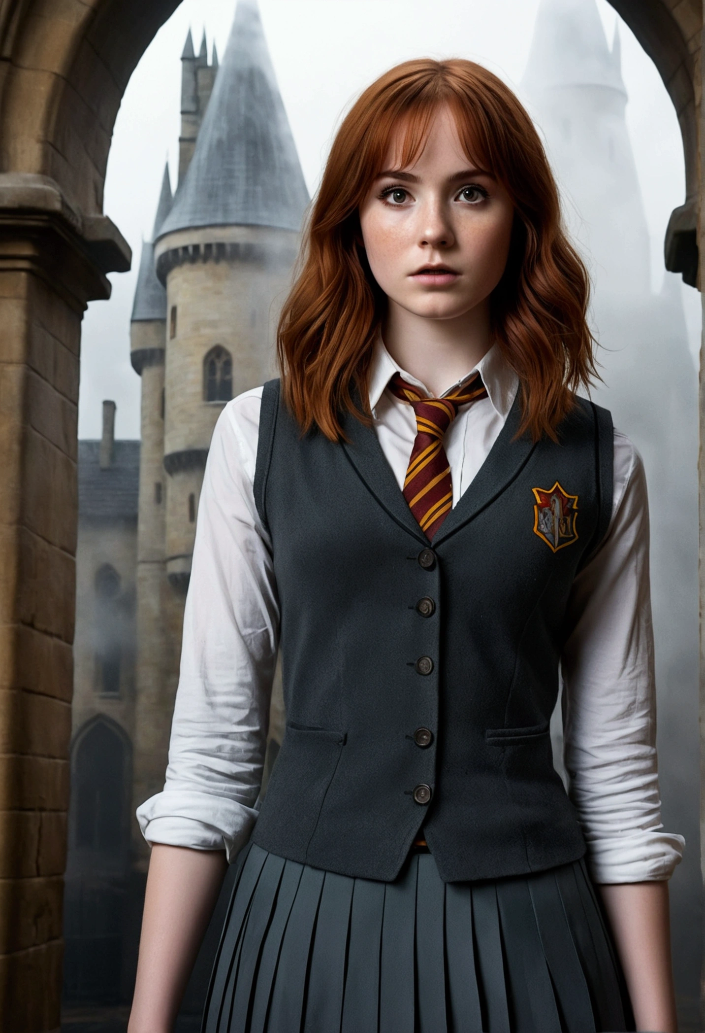 An illustrated movie poster, hand-drawn, full color, a teenage Hogwarts student, 18-years-old, female, wearing a charcoal vest and a pleated skirt, athletic hourglass figure, full wide hips, massive round butt, long shapely legs, ridiculously thick powerful thighs, vibrant eyes, deep dark auburn hair, thick shaggy bangs, flushed sun-kissed complexion, freckles, resembles Karen Gillan, standing in a foggy Hogwarts courtyard, surrounded by mist, graphite shading, stencil marks, airbrushed acrylic paint, masterpiece, close-up shot, in the style of the Deathly Hallows 