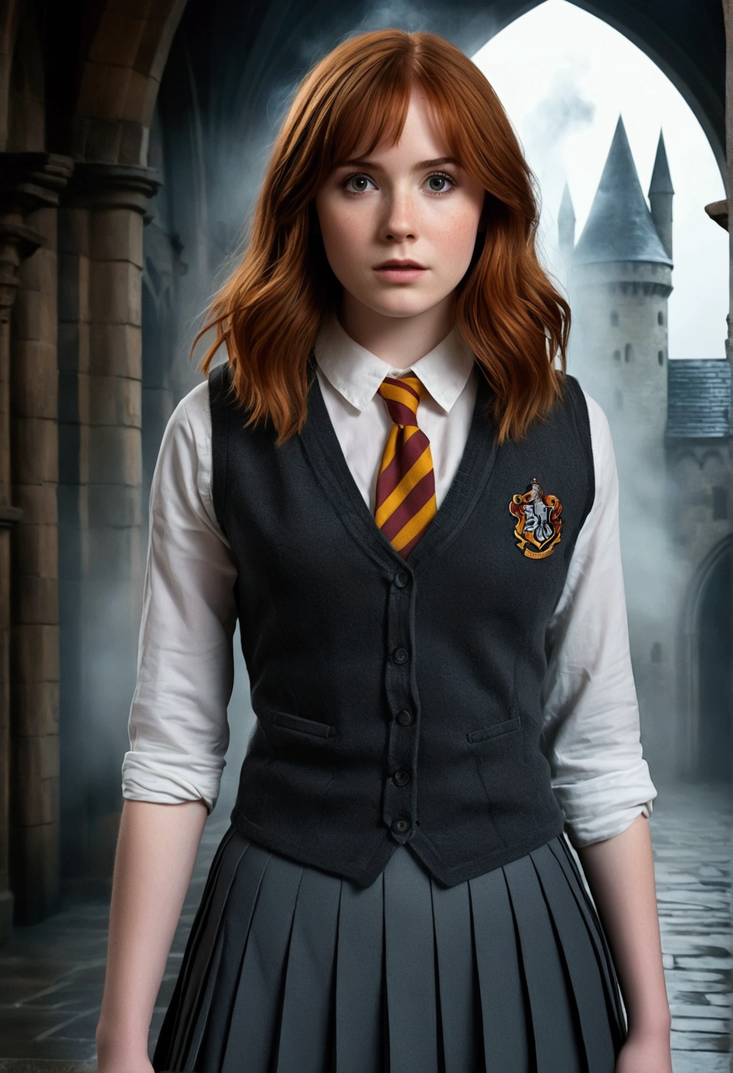 An illustrated movie poster, hand-drawn, full color, a teenage Hogwarts student, 18-years-old, female, wearing a charcoal vest and a pleated skirt, athletic hourglass figure, full wide hips, massive round butt, long shapely legs, ridiculously thick powerful thighs, vibrant eyes, deep dark auburn hair, thick shaggy bangs, flushed sun-kissed complexion, freckles, resembles Karen Gillan, standing in a foggy Hogwarts courtyard, surrounded by mist, graphite shading, stencil marks, airbrushed acrylic paint, masterpiece, close-up shot, in the style of the Deathly Hallows