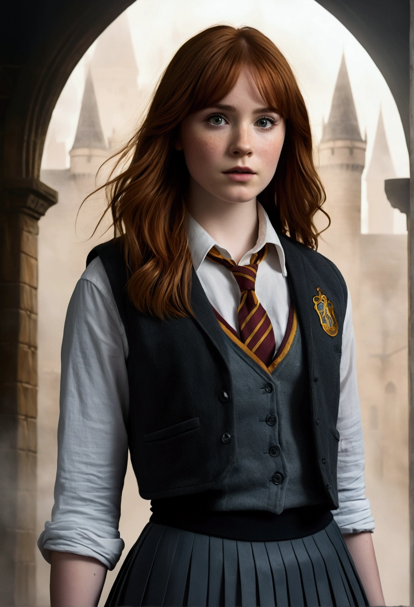 An illustrated movie poster, hand-drawn, full color, a teenage Hogwarts student, 18-years-old, female, wearing a charcoal vest and a pleated skirt, athletic hourglass figure, full wide hips, massive round butt, long shapely legs, ridiculously thick powerful thighs, vibrant eyes, deep dark auburn hair, thick shaggy bangs, flushed sun-kissed complexion, freckles, resembles Karen Gillan, standing in a foggy Hogwarts courtyard, surrounded by mist, graphite shading, stencil marks, airbrushed acrylic paint, masterpiece, close-up shot, in the style of the Deathly Hallows