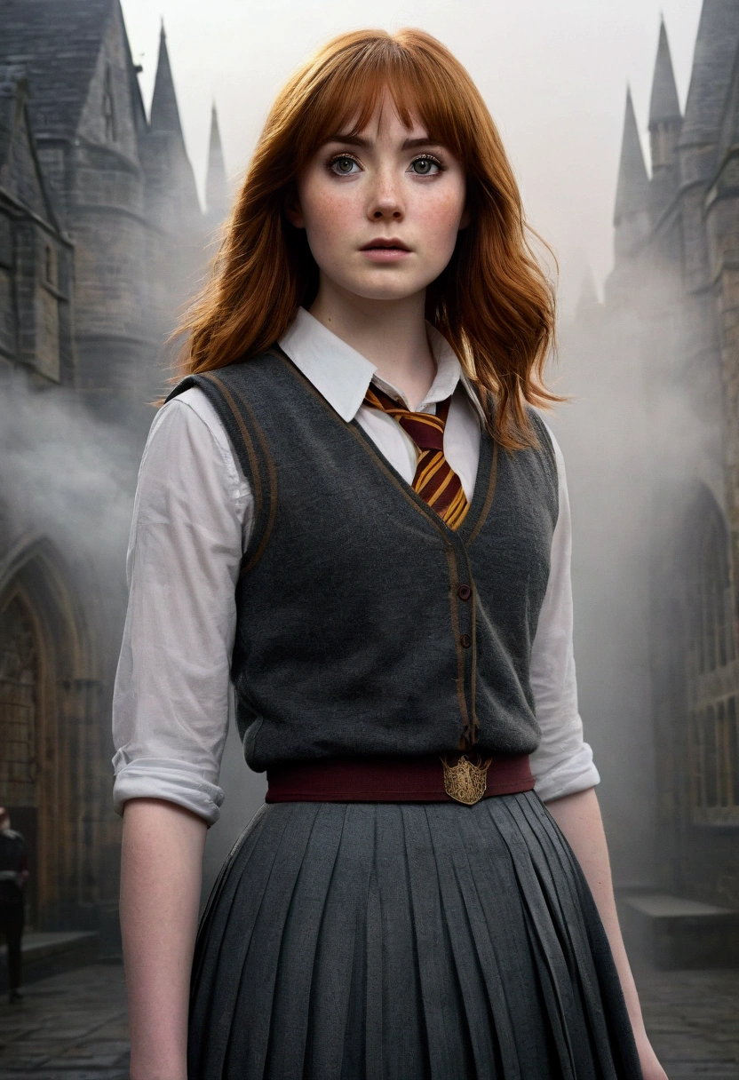 An illustrated movie poster, hand-drawn, full color, a age Hogwarts student, 18-years-old, female, wearing a charcoal vest and a pleated skirt, athletic hourglass figure, full wide hips, massive round butt, long shapely legs, ridiculously thick powerful thighs, vibrant eyes, deep dark auburn hair, thick shaggy bangs, flushed sun-kissed complexion, freckles, resembles Karen Gillan, standing in a foggy Hogwarts courtyard, surrounded by mist, graphite shading, stencil marks, airbrushed acrylic paint, masterpiece, close-up shot, in the style of the Deathly Hallows