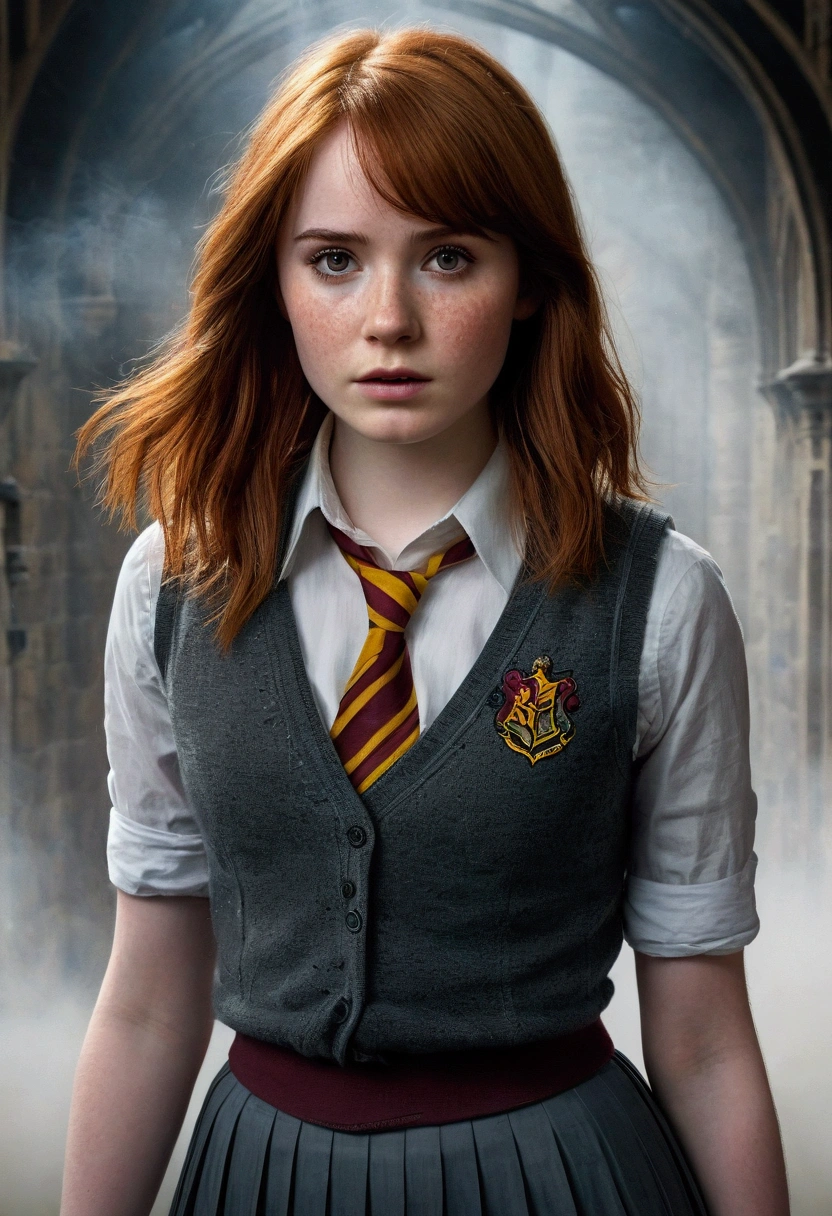 An illustrated movie poster, hand-drawn, full color, a teenage Hogwarts student, 18-years-old, female, wearing a charcoal vest and a pleated skirt, athletic hourglass figure, full wide hips, massive round butt, long shapely legs, ridiculously thick powerful thighs, vibrant eyes, deep dark auburn hair, thick shaggy bangs, flushed sun-kissed complexion, freckles, resembles Karen Gillan, standing in a foggy Hogwarts courtyard, surrounded by mist, graphite shading, stencil marks, airbrushed acrylic paint, masterpiece, close-up shot, in the style of the Deathly Hallows