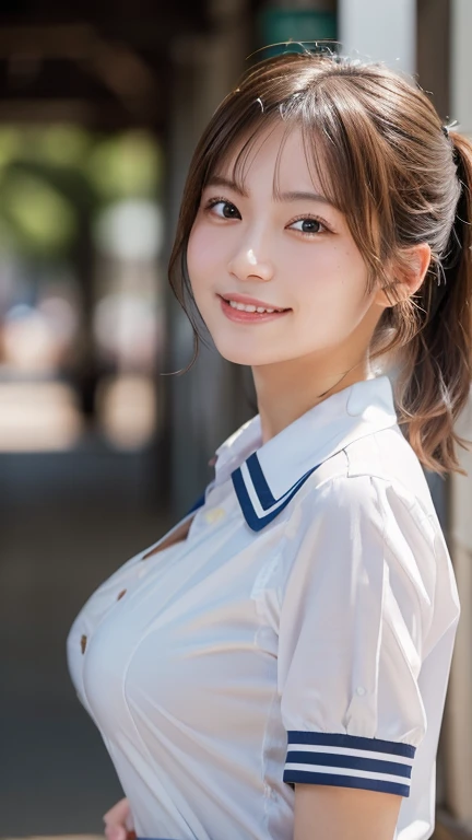 (Highest quality,masterpiece:1.3,Ultra-high resolution),(Very detailed,Caustics,8k),(Realistic:1.4,RAW shooting),1 person,(Smiling and looking down at the camera),(Front shot:1.1),(Look forward),18-year-old,cute,Japanese,Black short ponytail,school uniform,glamorous,(Big Breasts),( close),(breast focus),street,sunlight,Natural light,(Backlight),(A bright light shines from behind),(Lens flare),Professional Writing,(Cowboy Shot),(Low position:1.3),(Low Angle:1.3)