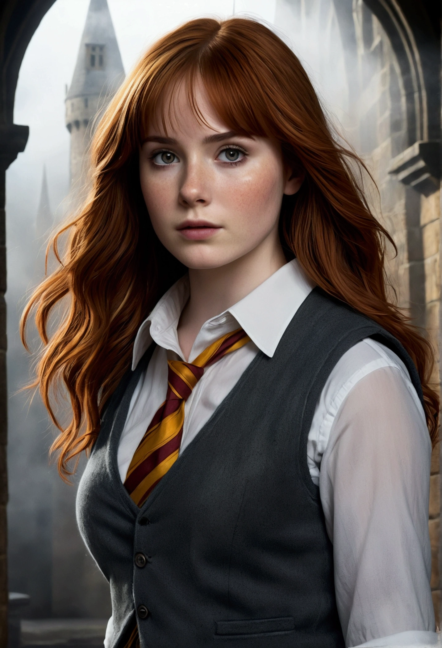 An illustrated movie poster, hand-drawn, full color, a age Hogwarts student, 18-years-old, female, wearing a charcoal vest and a pleated skirt, athletic hourglass figure, full wide hips, massive round butt, long shapely legs, ridiculously thick powerful thighs, vibrant eyes, deep dark auburn hair, thick shaggy bangs, flushed sun-kissed complexion, freckles, resembles Karen Gillan, standing in a foggy Hogwarts courtyard, surrounded by mist, graphite shading, stencil marks, airbrushed acrylic paint, masterpiece, close-up shot, in the style of the Deathly Hallows