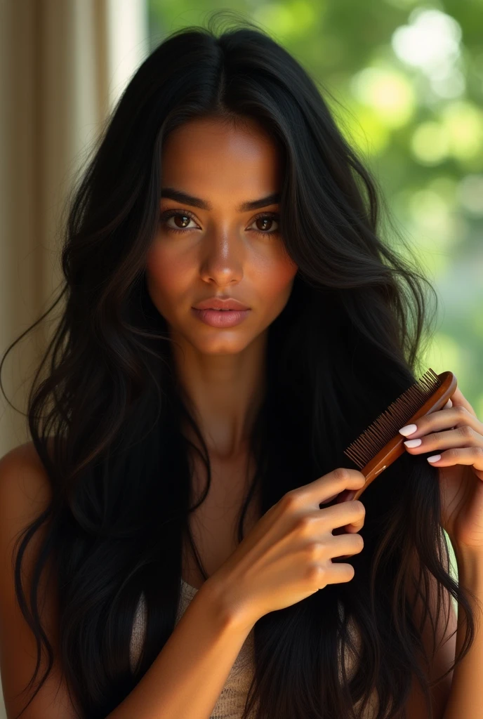 brazilian brunette woman, long black hair, taking care of hair