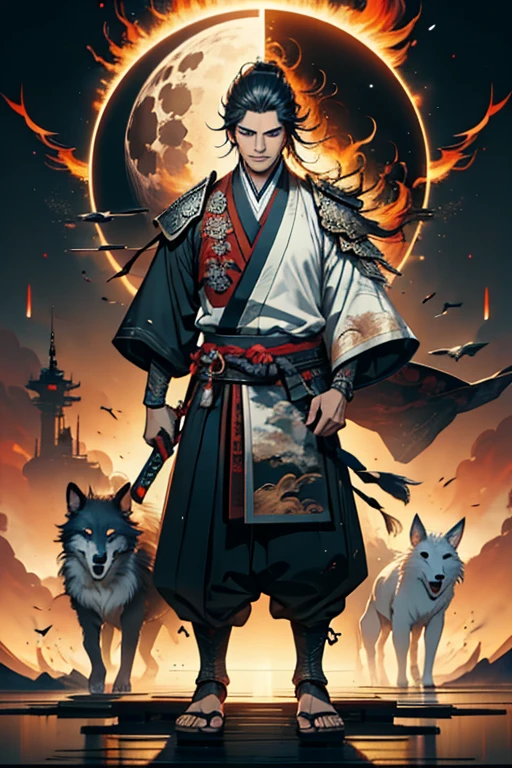 A guy ready to draw sword and with a wolf in front of full moon, samurai, concept art by Yang J, fantasy art, alena aenami and artgerm, artgerm and atey ghailan, by ruan jia and stanley artgerm, artgerm and ruan jia, ross tran 8 k, ross tran and wlop, Cosmology, (detail), (autofocus),