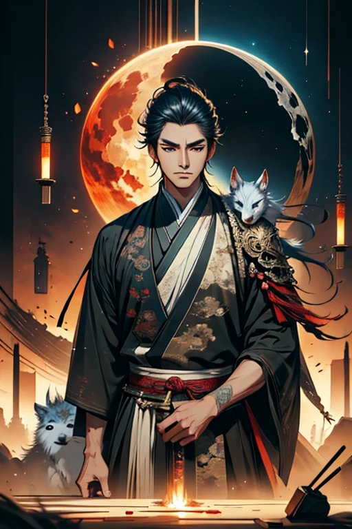 A guy ready to draw sword and with a wolf in front of full moon, samurai, concept art by Yang J, fantasy art, alena aenami and artgerm, artgerm and atey ghailan, by ruan jia and stanley artgerm, artgerm and ruan jia, ross tran 8 k, ross tran and wlop, Cosmology, (detail), (autofocus),