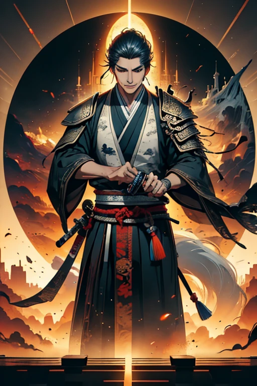 A guy ready to draw sword and with a wolf in front of full moon, samurai, concept art by Yang J, fantasy art, alena aenami and artgerm, artgerm and atey ghailan, by ruan jia and stanley artgerm, artgerm and ruan jia, ross tran 8 k, ross tran and wlop, Cosmology, (detail), (autofocus),
