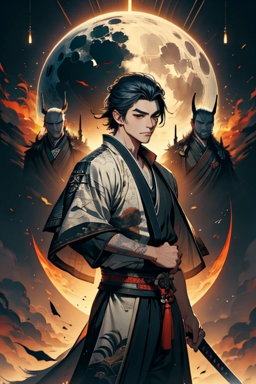 A guy ready to draw sword and with a wolf in front of full moon, samurai, concept art by Yang J, fantasy art, alena aenami and artgerm, artgerm and atey ghailan, by ruan jia and stanley artgerm, artgerm and ruan jia, ross tran 8 k, ross tran and wlop, Cosmology, (detail), (autofocus),