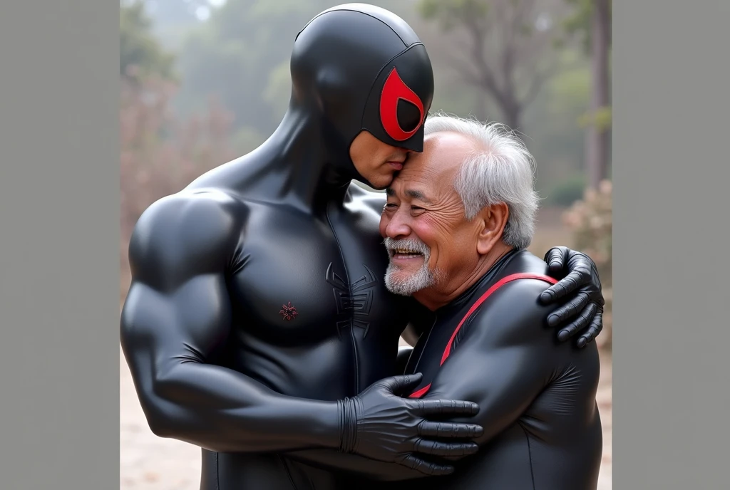 middle-aged Indonesian man, stocky and slightly stocky, wearing Spiderman Lycra, being hugged and kissed by a grandfather with a thin mustache wearing a black Zentai