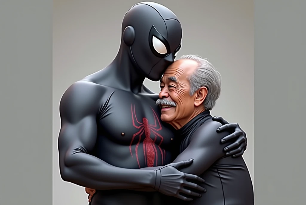 middle-aged Indonesian man, stocky and slightly stocky, wearing Spiderman Lycra, being hugged and kissed by a grandfather with a thin mustache wearing a black Zentai