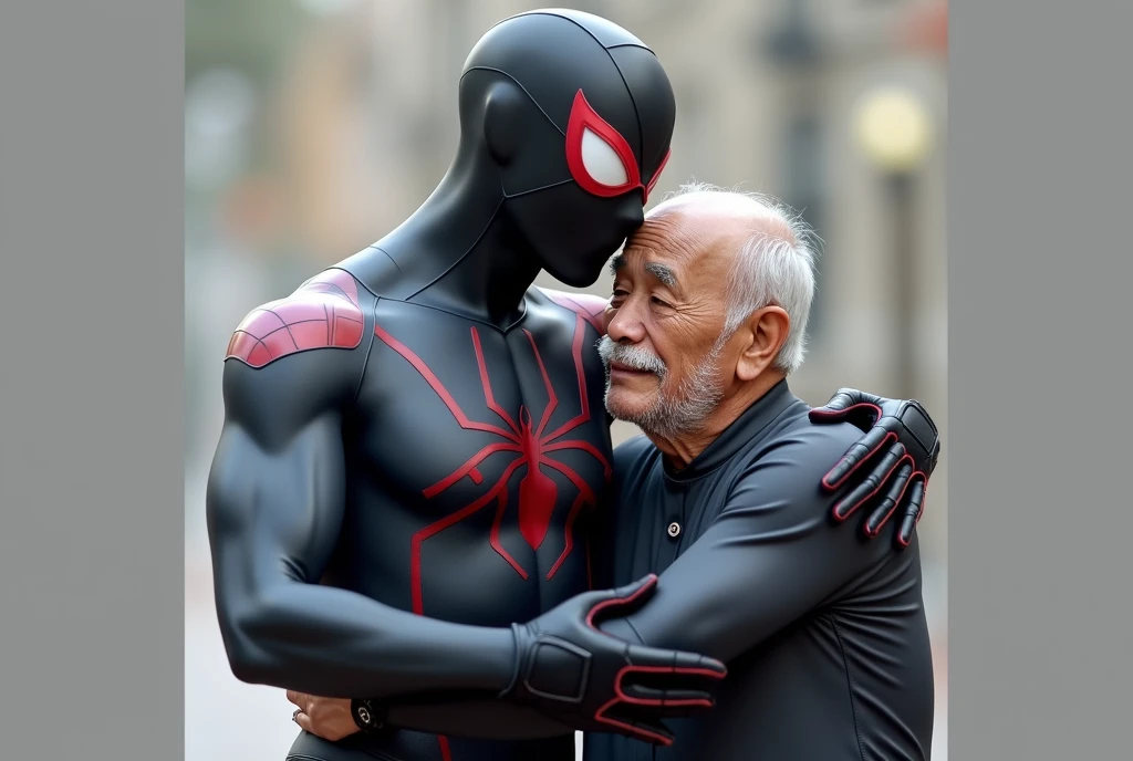 middle-aged Indonesian man, stocky and slightly stocky, wearing Spiderman Lycra, being hugged and kissed by a grandfather with a thin mustache wearing a black Zentai