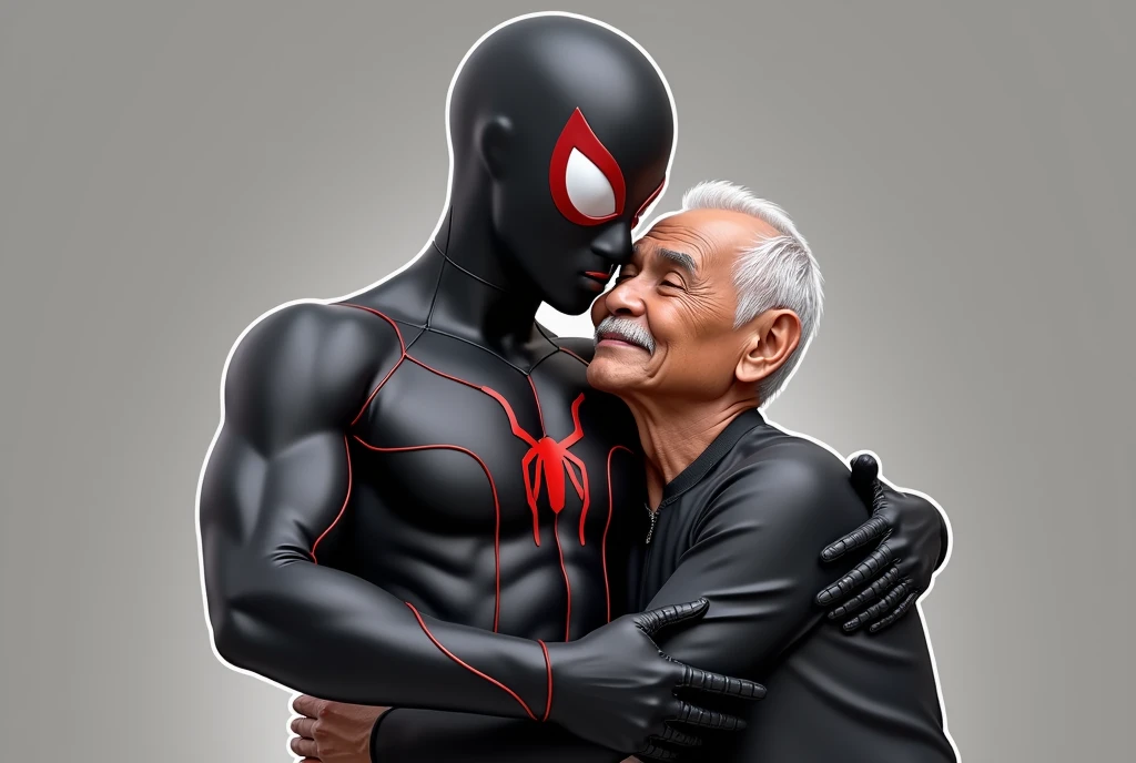 middle-aged Indonesian man, stocky and slightly stocky, wearing Spiderman Lycra, being hugged and kissed by a grandfather with a thin mustache wearing a black Zentai