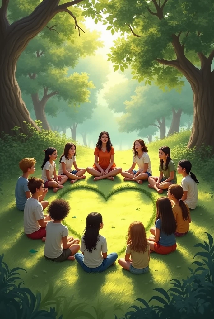 Teacher and students watching lessons outdoors sitting on the ground around a heart