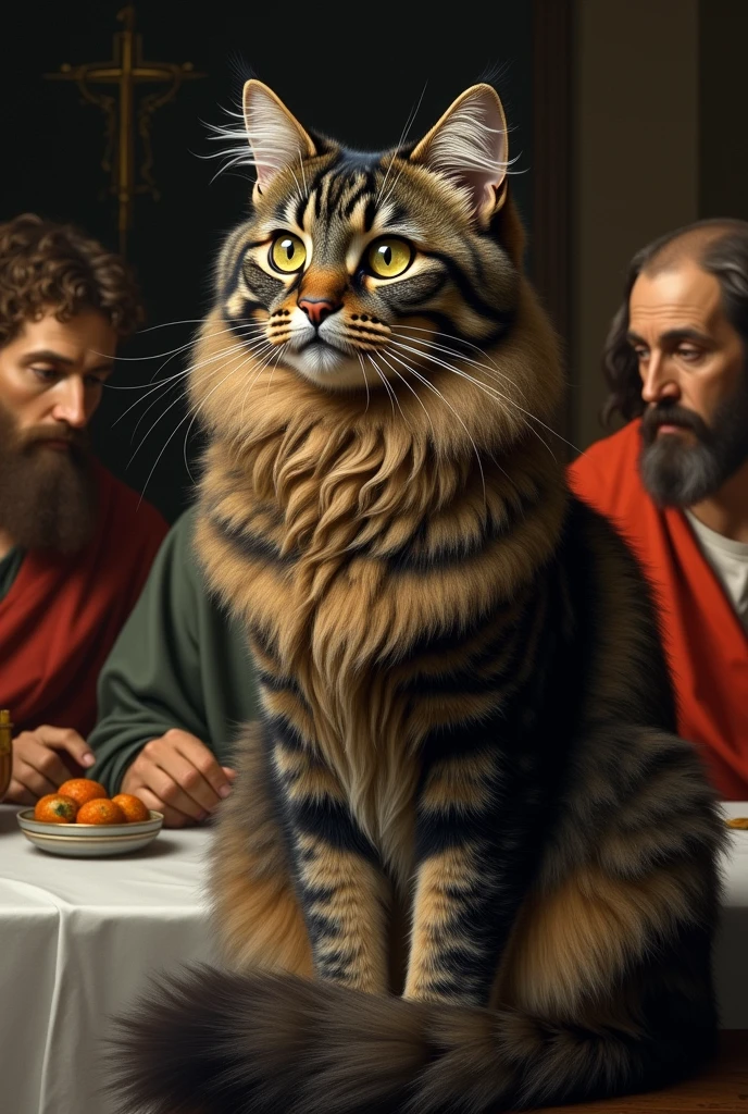 Black and brown gray tabby cat, long hair in artwork the last supper