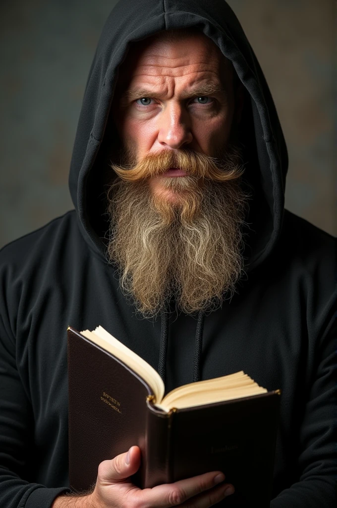 Front photo of a muscular man with a big blond beard and hooded in a dark style holding a Bible