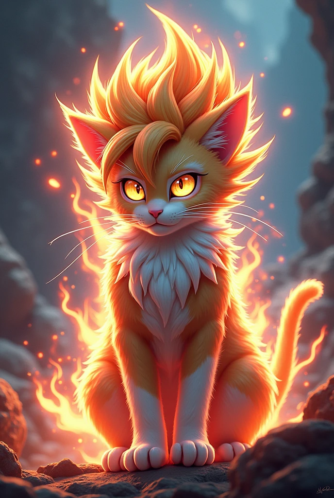 A cat with Goku&#39;s hair with an aura around its body