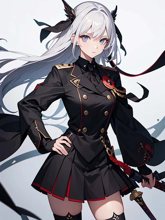 A female swordman,sharp eyes,black uniforn with collar and two-folded uniform,masterpiecd