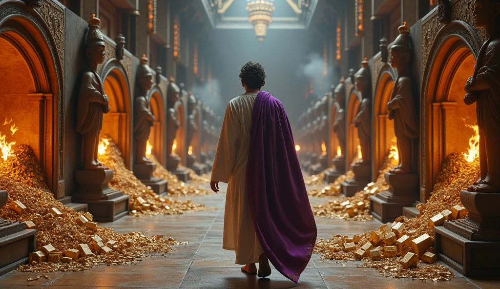 Crie uma imagem hiper-realista e misteriosa de Solomon em um salão de tesouros dentro do palácio, where different statues of ancient gods guard vaults of diverse wealth – gold, gem stones, silk rolls and scrolls of knowledge. Solomon, dressed in a white linen tunic and a purple cloak decorated, walks through the hall, inspecting each safe with an evaluation expression. The soft light from the torches should create dramatic shadows on the statues and vaults., symbolizing that diversification is not just a hedging strategy, but also of veneration for ancient wisdom in wealth management.
