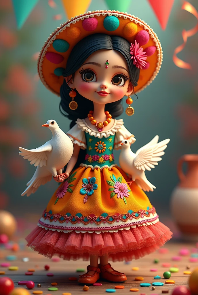 Doll with Mexican party clothes and says dove