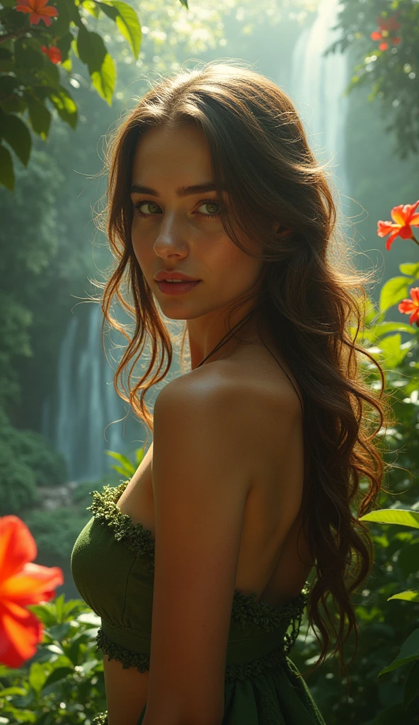 A stunning and alluring woman with piercing green eyes and full, luscious lips stands in a lush jungle, surrounded by vibrant flowers and cascading waterfalls. Her long, flowing hair shimmers in the dappled sunlight as she gazes off into the distance, lost in thought. The atmosphere is tranquil and serene, yet there is a hint of mystery and danger lurking just beyond the foliage. The lighting is soft and diffused, casting a warm glow over the scene. There are flickers of light and shadow playing across the woman's face, highlighting her delicate features and adding to the dreamlike quality of the image. The overall effect is one of breathtaking beauty and exotic allure, drawing the viewer into this captivating and enchanting world.
