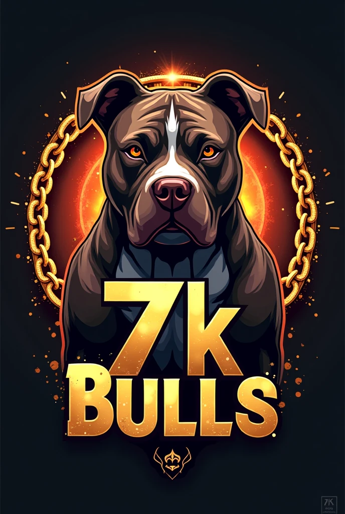 Generate a logo for a dog kennel, Eye-catching logo and gold chains, chocolate colored dogs, Exotic American Bully Breed, short snout, marked forehead, muscular, extra muscular, cropped ears like a pitbull, , The name that will be on the logo is 7K Bulls,  