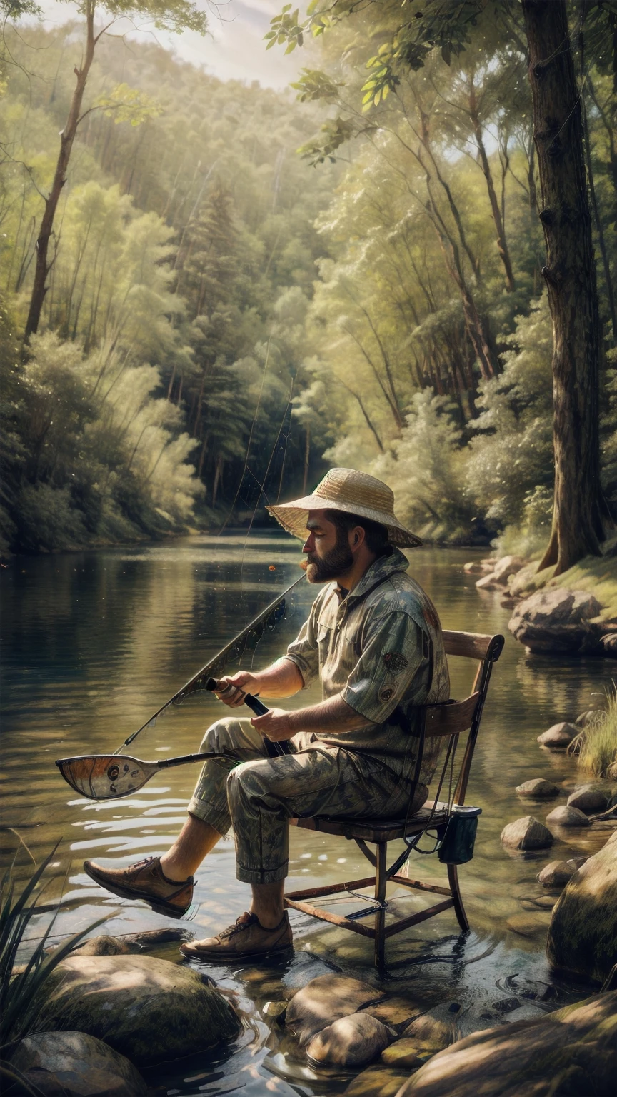 A fishing bear with his fishing rod, well defined:1.3, sitting on a chair by a river, holding a fishing rod, drinking a beer, wearing a bucket hat, boat nearby, surrounded by a forest and rocks, extremely detailed, funny, satirical surreal scene.