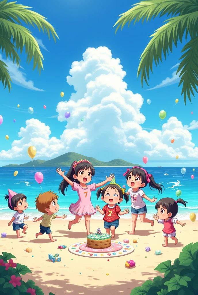 Create for me a 7th birthday anime in May on the beach 