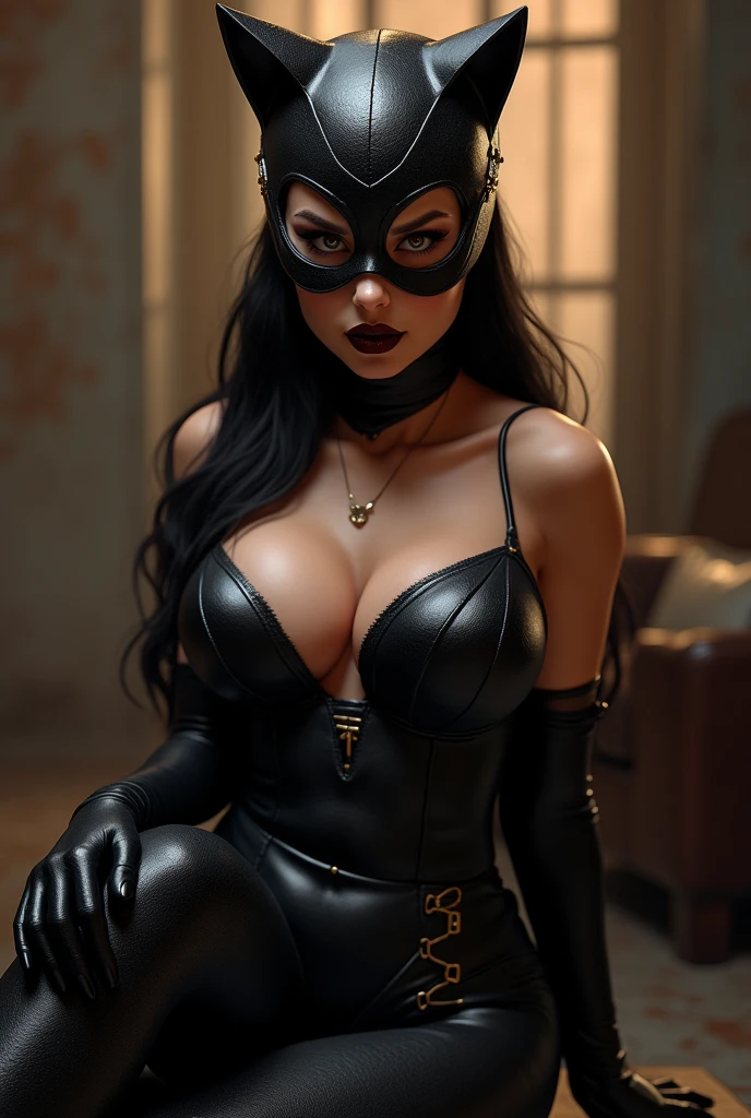 A highly detailed, photorealistic Catwoman from DC Comics with exaggerated, large breasts, incredibly detailed skin and eyes, seductive poses, 8K resolution, masterpiece, ultra-detailed, realistic, photo-realistic, vivid colors, dramatic lighting, cinematic composition