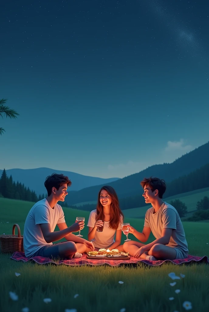 3 friends eating picnic in the fields under the stars (2 boys and a girl) realism