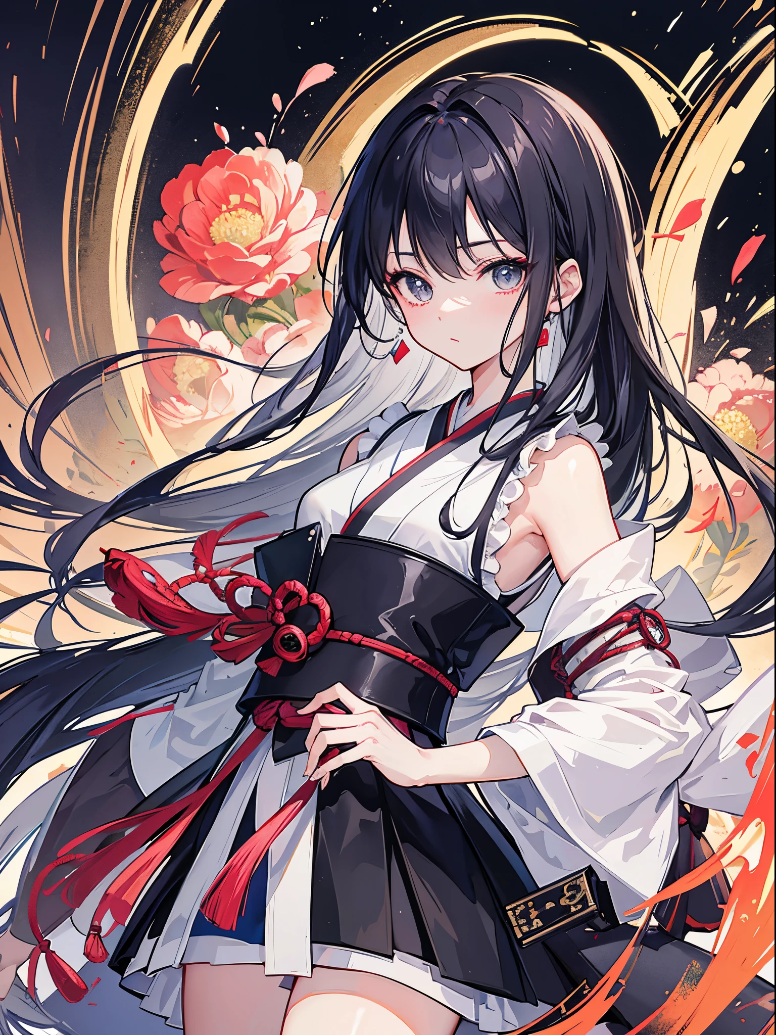 (Highest quality、High resolution、8k、mysterious、masterpiece:1.2)。Yoshitaka Amano-style depiction。The cruel and inhuman Yamada Asaemon。Edo Period。she、Edo Periodの首斬り、assassination、Is an executioner。A long Japanese sword is attached to his waist.。A uniform fashion with black belts all over the body。The gleam in his eyes is gone、I'm so sleep-deprived that I have bags under my eyes.。Eye patch。ただし誰が見てもshe剣の達人だと感じ、He has unquestionable spirit.。With gray hair、Ragged hair。Of course there is the appeal of being a woman。Overwhelming strength and charm。Bloody bandages on wrists and ankles。Samurai。With a cold-hearted look that looks down on people、A crowd of commoners々And pass by。Person kneeling on the ground々。Edo Periodの風景。Bold Pose、Seems like a bad personality。